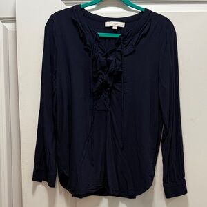 LOFT Dark Blue Ruffle Blouse